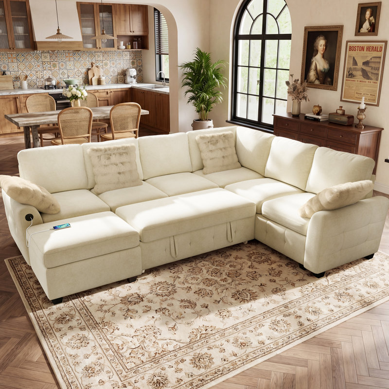 Canapé-lit modulaire en L en chenille de 106 po avec lit escamotable et repose-pieds avec rangement Maloy, BEIGE