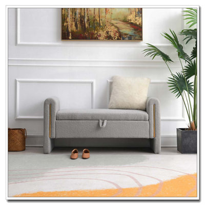 Modern Teddy Bed End Bench with Arms and Storage,Upholstered Large Foot Rest Stool, Comfy Window Vanity Bench for Living Room,Bedroom,Dorm,coffee Table,Teddy Grey