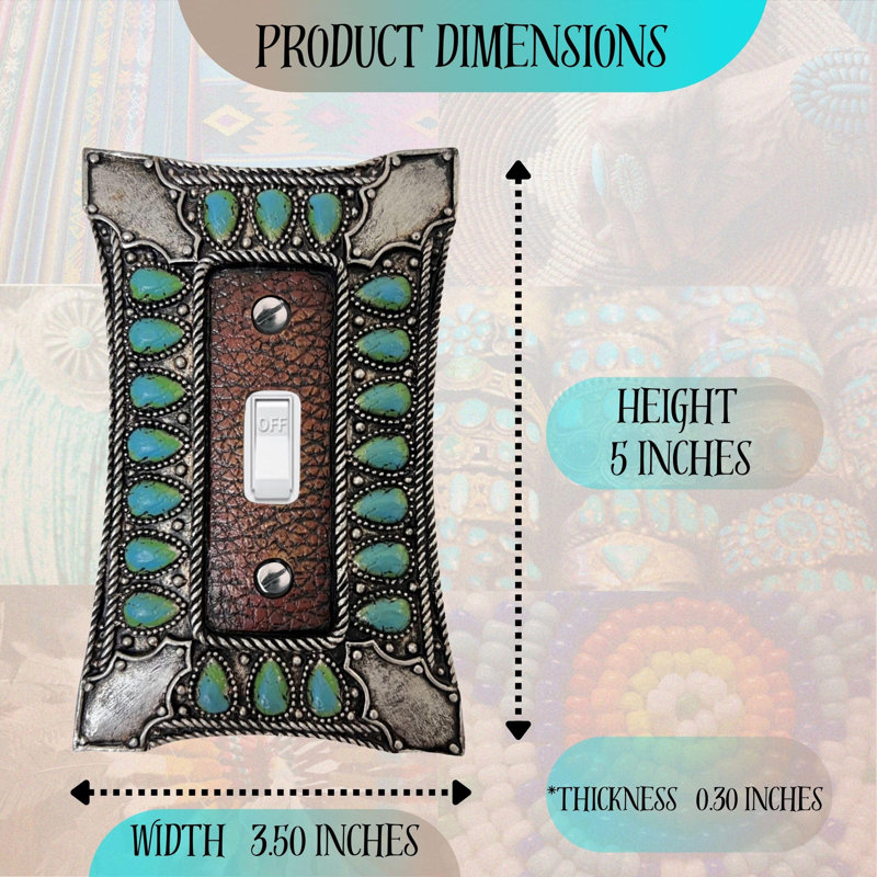 Resin Southwestern Single Toggle Switch Cover Tooled Leather with Faux Turquoise Gem Design