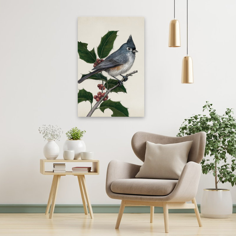Mésange touffetée, paysage, nature, illustration, dessin, art contemporain, H 36 po x l 24 po
