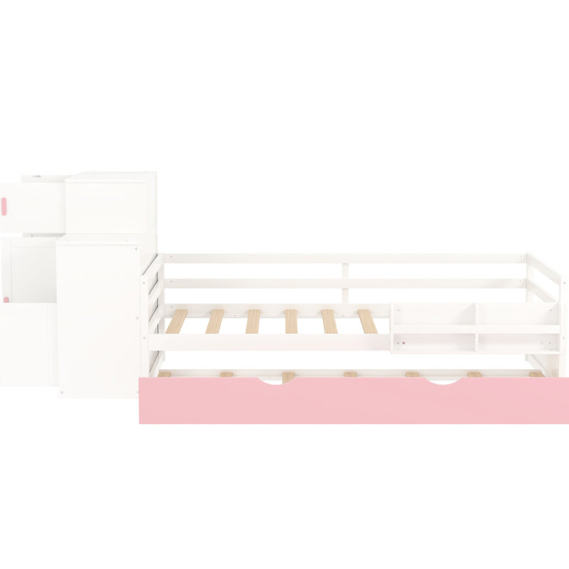 Lit simple en bois avec garde-robe mobile et lit gigogne intégré, bibliothèque blanche pour petits espaces de chambre d'amis