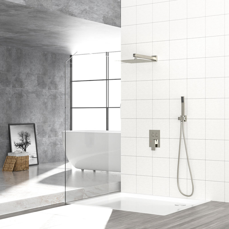 Douche murale à double tête - Carré de 10 pouces, nickel brossé, pluie et tête de douche à main à fixation carrée - équilibrée