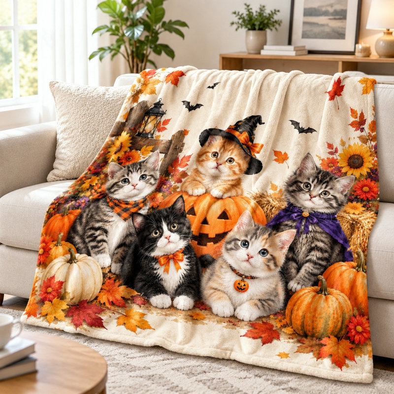Adorable couverture en molleton à motif de chat d'Halloween, adorable chaton en peluche douillette pour canapé-lit, salon, décoration intérieure parfaite