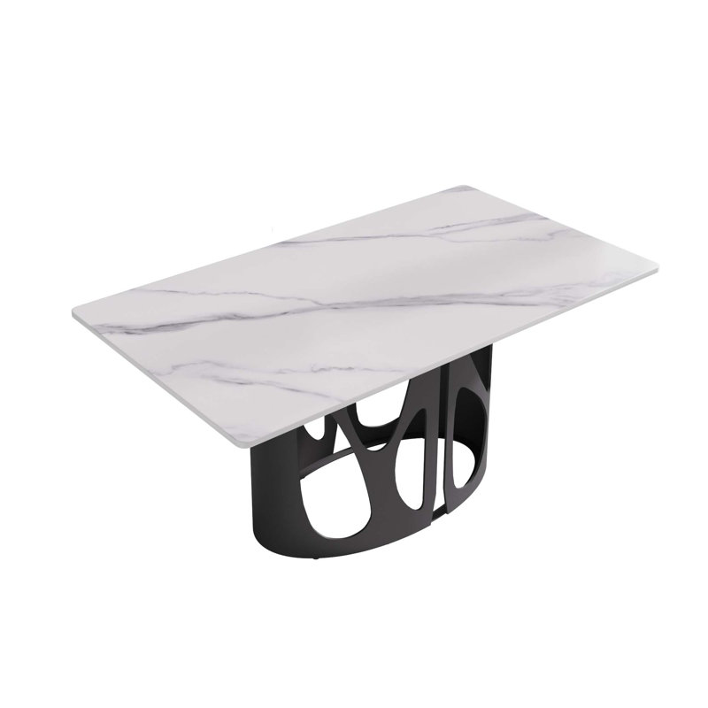 Table de salle à manger rectangulaire moderne en pierre artificielle avec pieds en fer noir, Blanc / Gris