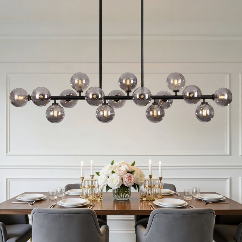 12 - Light Dimmable Bubble Glass Sputnik Modern Linear Chandelier, 83.5" H x 50" W x 13" D, Black/Smoke Gray, 12