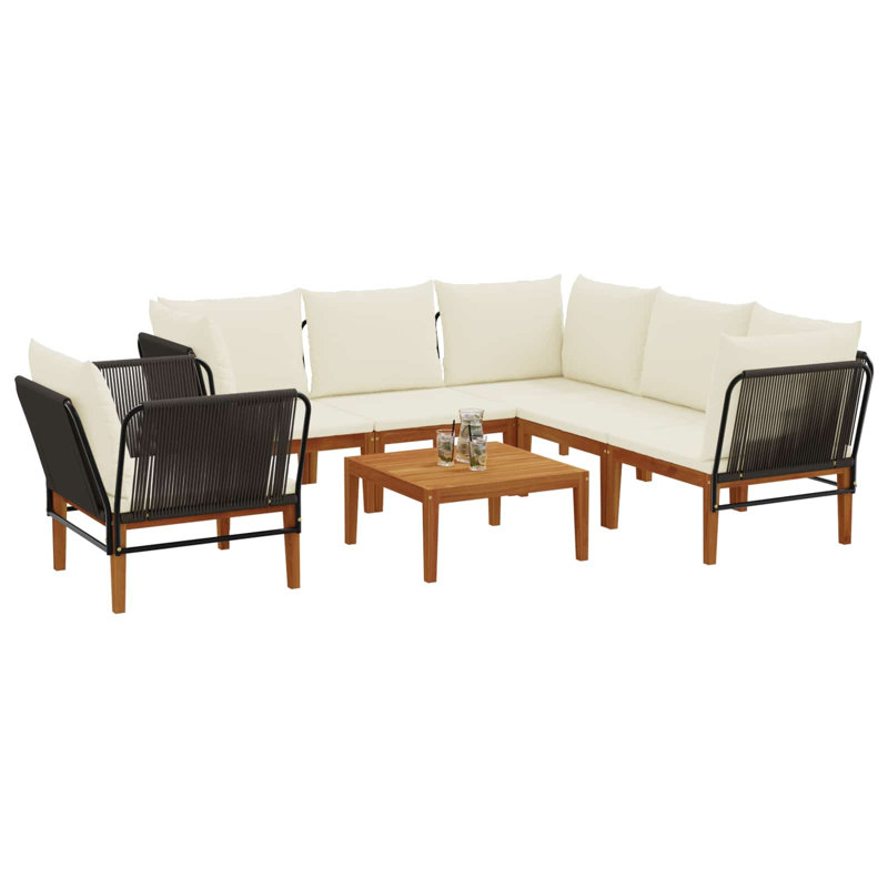  Garden Lounge Set Solid Acacia Wood & Rope Sofa Outdoor Furniture Patio, Natural/Black, Cream White