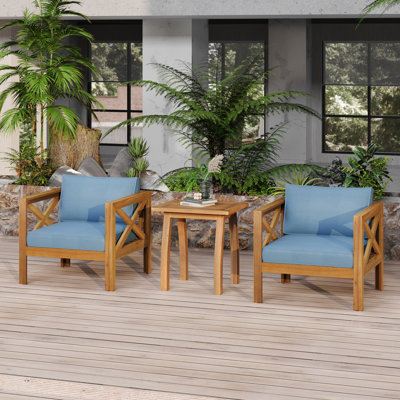 Ensemble de conversation pour patio, siège de loisirs en bois pour l'extérieur (ensemble de 2), fauteuil avec coussins, table de bout Selma Lamae, finition teck