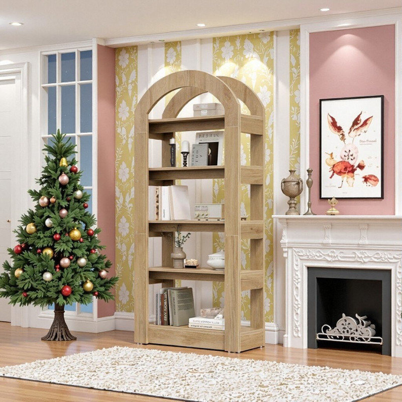 5-Tier Arched Bookshelf, Wood Look Bookcase Display Shelf