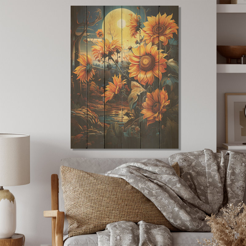 Enchanted Fields Sunflowers I - tournesols, art sur bois de pin naturel, H 40 po x l 30 po