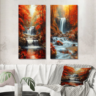 «Red Autumn Mountain Waterfall I» - ensemble d'art mural 2 pièces