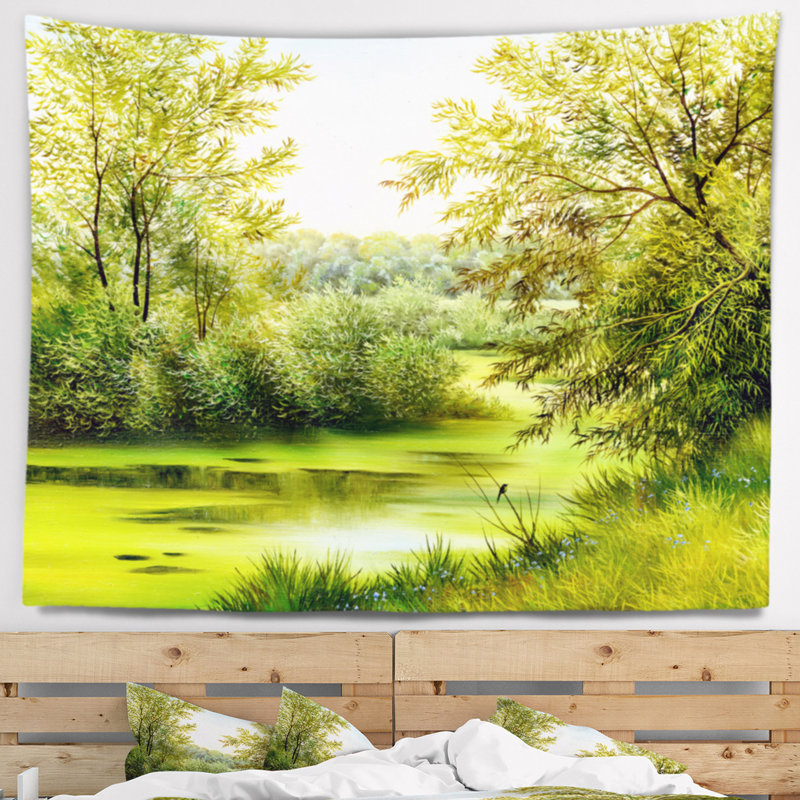 Tapisserie abstraite de paysage d'été vert, H 32 po x l 39 po