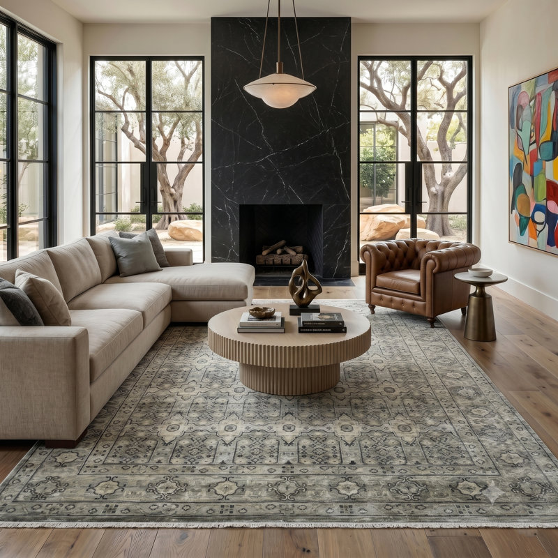 Tapis oriental gris / beige en laine noué à la main Blu Amerson, Rectangle 10 pi x 14 pi