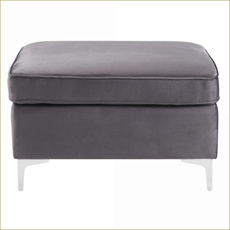 Ottoman, Slate Gray Industrial Modern with Pocket Coils &amp; Faux Fur Pillows | Brushed Silver Metal Legs, Gray Velvet