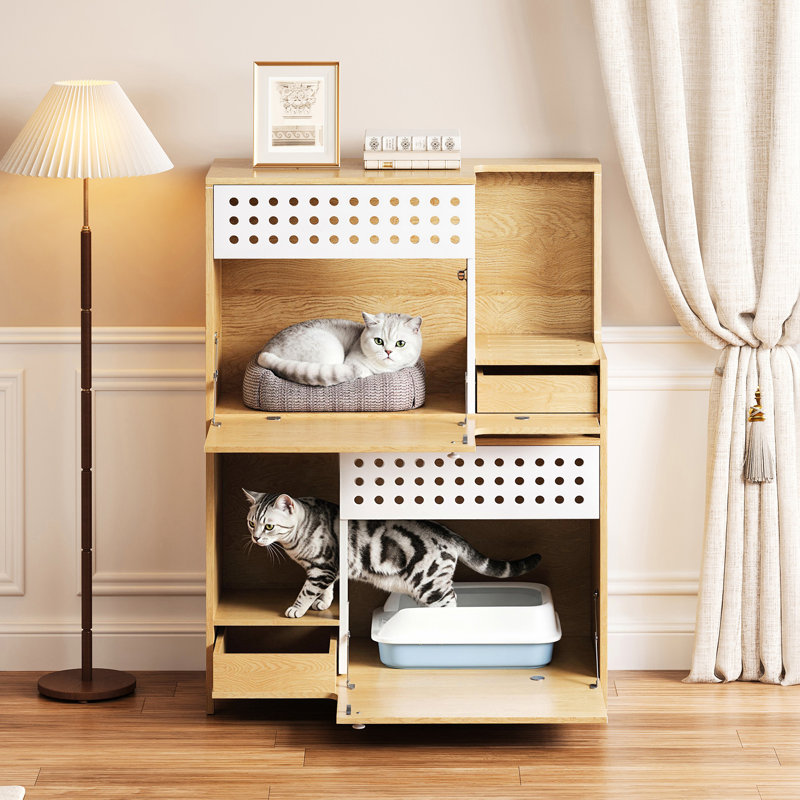 Modern 2 In 1 Cat Furniture, Litter Box Enclosure Side Table In Natural Color, Space Design, , Multi-Functional Use, Good Ventilation, Two Setup Table, Compact Design For Limited Space, Materials,