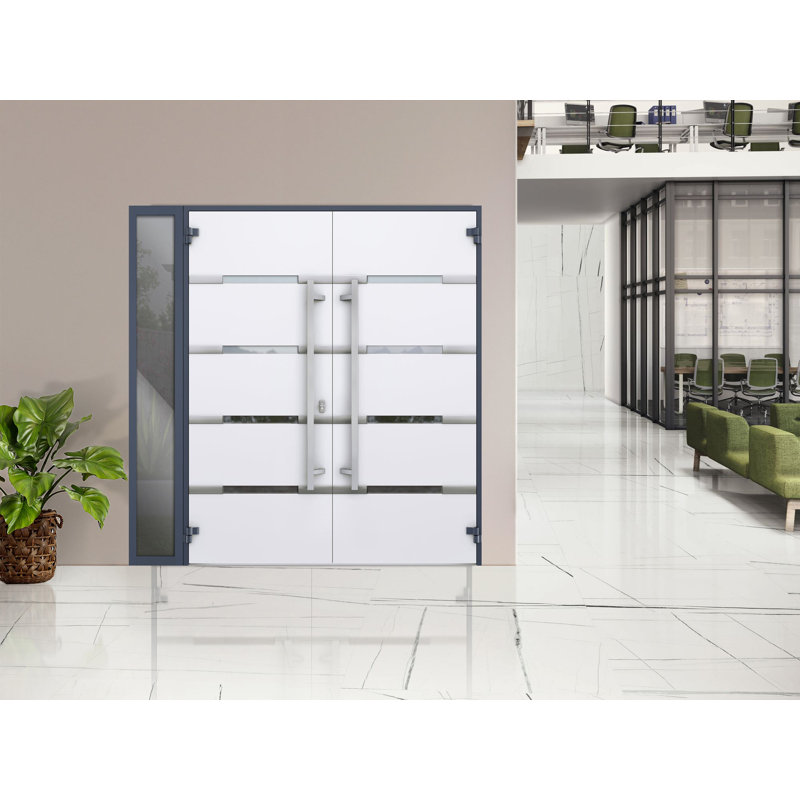 Façade extérieure avant double portes en métal / deux fenêtres 1105 en verre graphite gris miroir / Sidelite / entrée extérieure peinte à droite avec porte active 88 po x 80 po