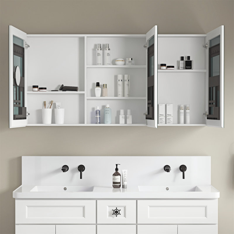 Armoire à pharmacie pour salle de bain avec porte en bois, options de fixation murale et encastrée et grand espace de rangement