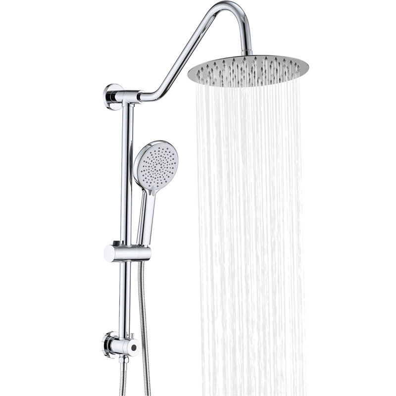 Pomme de douche à pluie et système de poche 10 po - Fixation murale, métal, finition, 3 motifs de jet, hauteur réglable, fixation en métal Scratch avec voies, barre coulissante, résistance à la corrosion, conception tendance