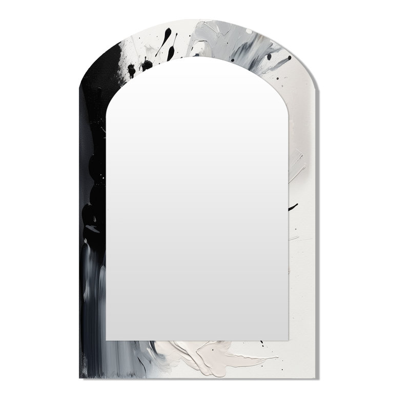 Black Textured Splash Paint Art IV - Abstract Painting Arch Decorative Mirror, Modern Asymmetrical Wall Mirror, Printed Metal Art