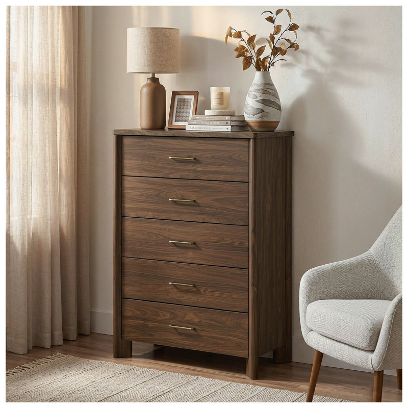 Ensemble de chambre à coucher de style moderne du milieu du siècle pour lit king-size avec tête de lit DEL, table de chevet et commode finition noyer