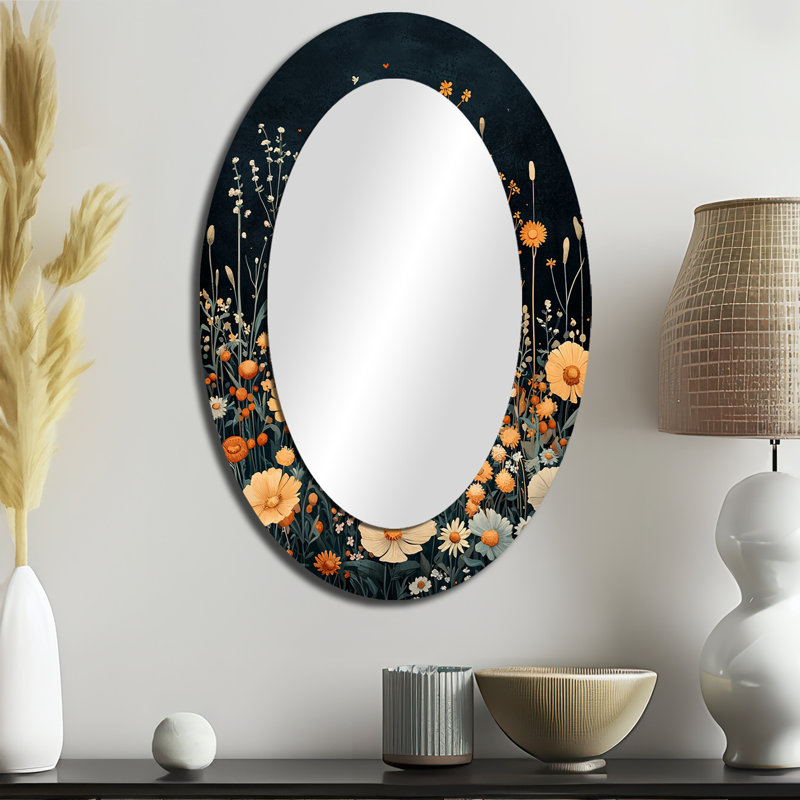 Miroir décoratif ovale floral jaune sur métal Mid Night Meadow II jaune, 36 po x 24 po