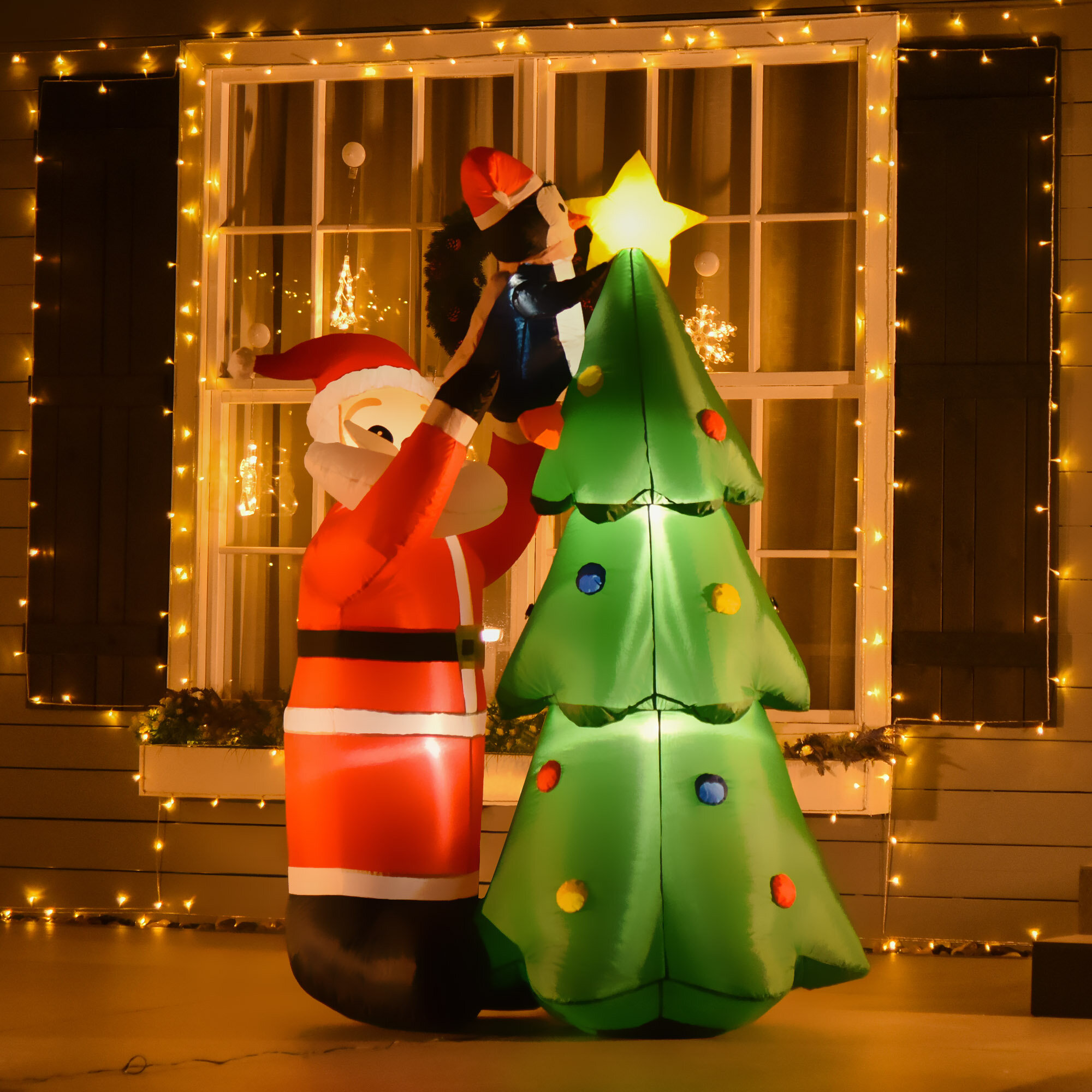 The Holiday Aisle® Christmas Tree, Santa Claus and Penguin Inflatable ...