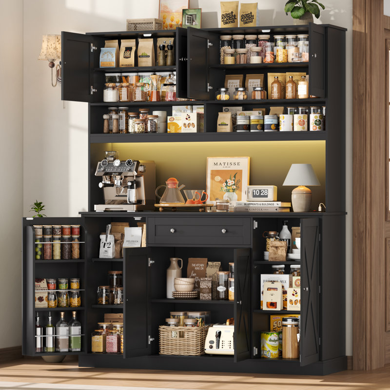 Armoire de cuisine de 72,8 po x l 55,1 po avec éclairage à DEL et prise de courant intégrée, support pour micro-ondes et tablettes réglables