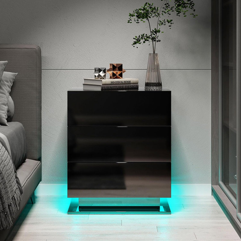Table de chevet avec 3 tiroirs de rangement, lumières à DEL, table de bout pour les meubles de chambre à coucher