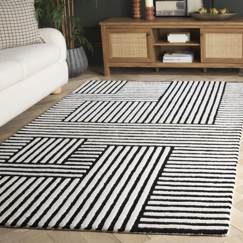 Tapis ivoire / noir en laine / coton touffeté à la main Elsbeth, Rectangle 6 pi x 9 pi