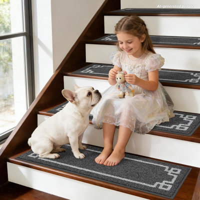 Stair Treads for Wooden Steps Non Slip Washable Carpet Stair Treads with Reusable Residue Free Backing Soft Polyester Stair Mats Indoor for Kids Elders and Dogs 9”x28”,4pcs,Dark Grey