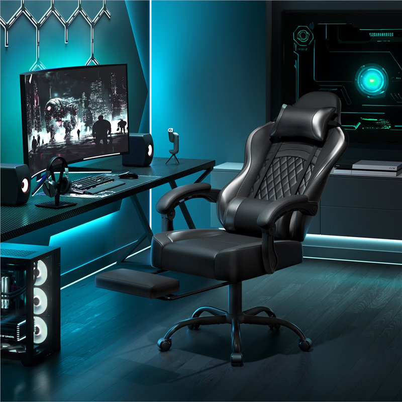 Metro Lane Adjustable Reclining Ergonomic Faux Leather Swiveling PC & Racing Game Chair with Footrest, Black