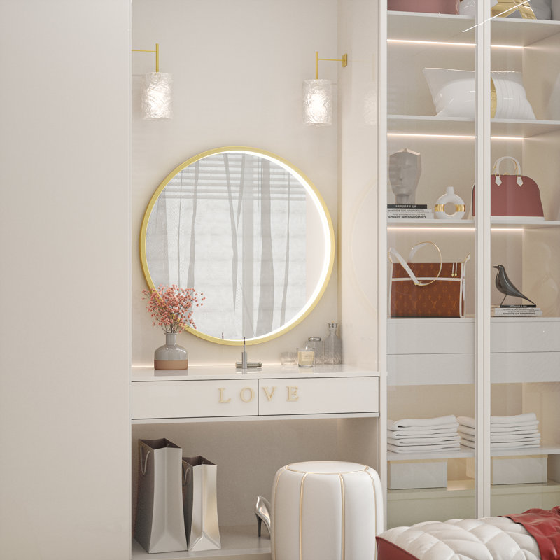 Fantina Round 3 Color Adjustable LED Metal Framed Wall Mirror with Anti-fog, 24" x 24", Gold