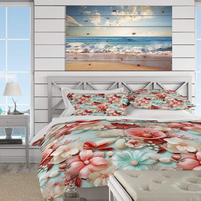 Literie à motif tropical Seashell Whispers, Housse de couette pour très grand lit et 2 très
