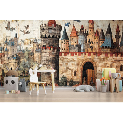 Papier peint château et village historique médiéval - Ancienne murale de ville européenne antique avec charme de livre de contes