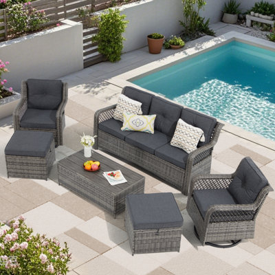 Wicker Rattan Swivel And Gliding Patio Wicker Chairs With HDPE Table (6Pcs)