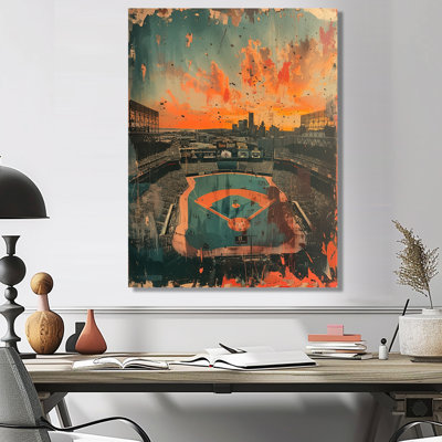 Art de mur de stade de baseball rétro orange et vert