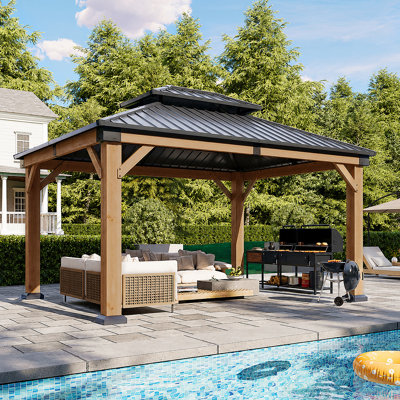 Jolydale Soild Wood Gazebo, Hardtop Gazebo With Galvanized Steel Double Roof, Suitable For Patios, Lawn And Backyard