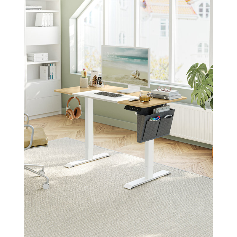 Hadrien Adjustable Metal Base Standing Desk with Power Outlet, 120cm H x 120cm W x 60cm D, Beige/White/White