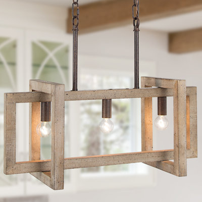 Lustre rectangulaire pour îlot de cuisine à 3 lumières avec détails en bois Aztlan