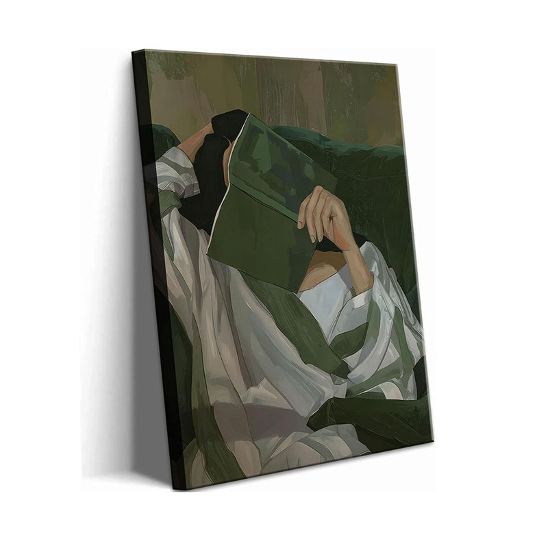 Emerald Green Reading Woman Canvas Wall Art Abstract Cozy People Wall Decor Pictures Minimalist Green Feminine Aesthetic Poster Print For Bedroom Living Room Decoration