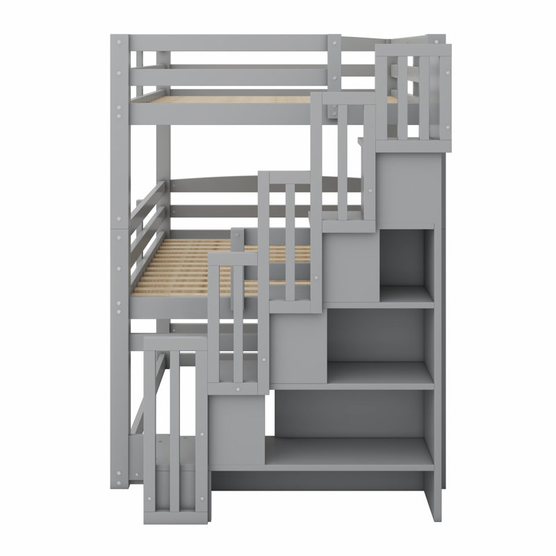 Lit superposé triple avec escalier de rangement, conception séparée, Gris