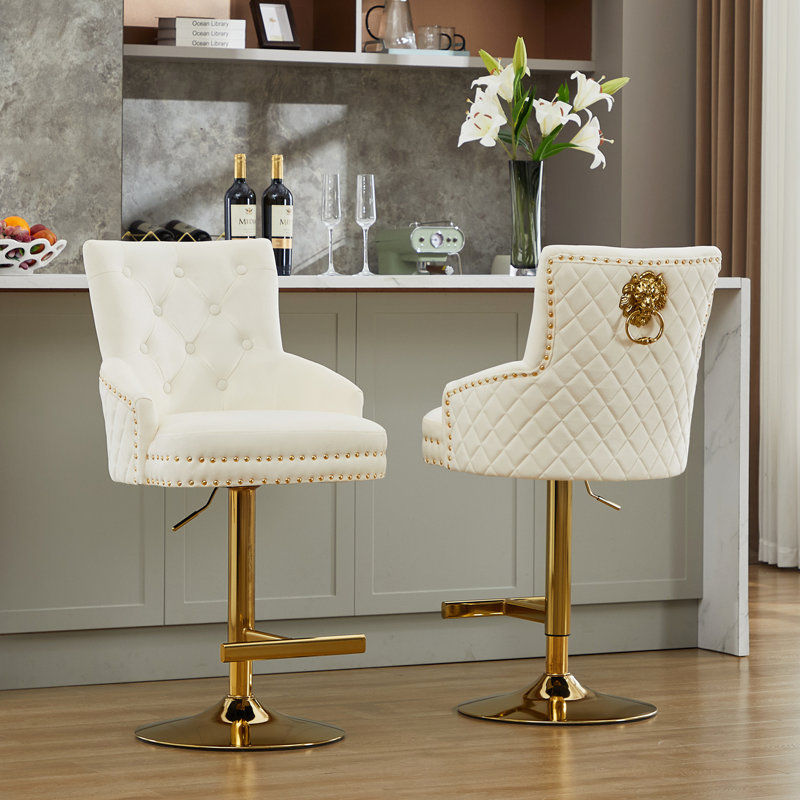 Jakhai Swivel Upholstered Adjustable Height Counter Stool with Metal Frame, Gold, Beige