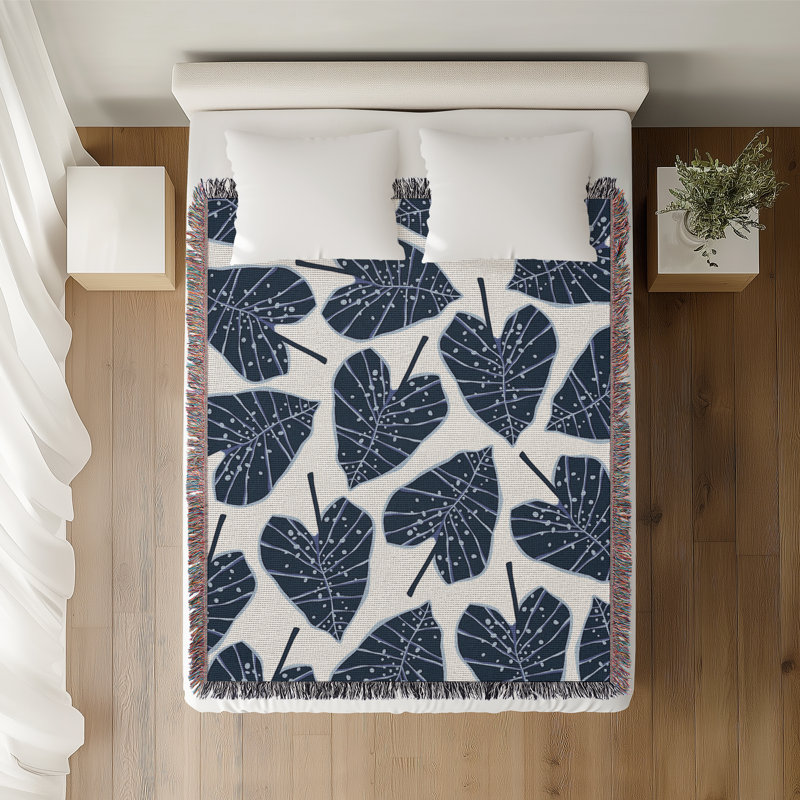 Caladium Floral Cotton Throw Blanket, 50x60, Navy Blue