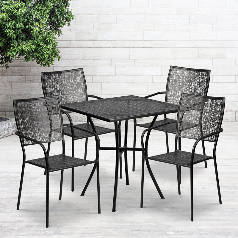 28" Black Steel Square Patio Dining Set with 4 Chairs