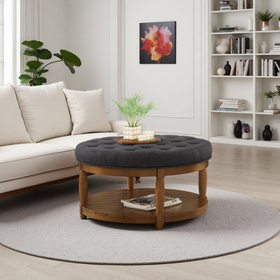 Large Round Upholstered Tufted Linen Ottoman Coffee Table, Large Footrest Ottoman With Solid Wood Shelf,Strong Structure