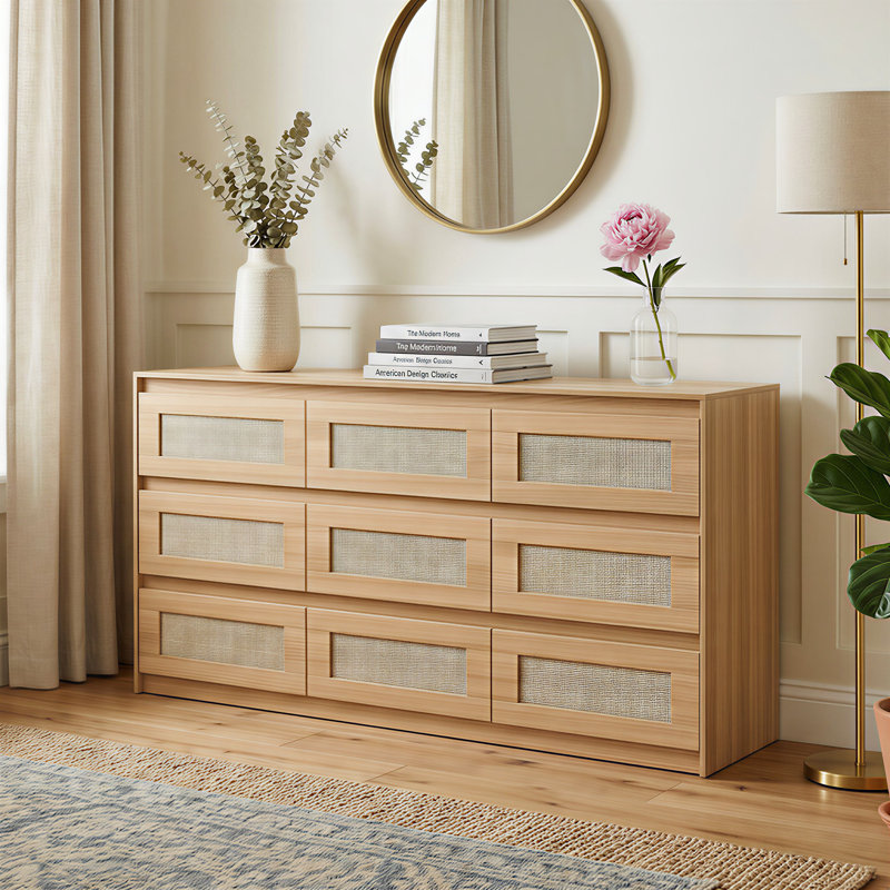 9-Drawer Dresser With Rattan Drawer Panel