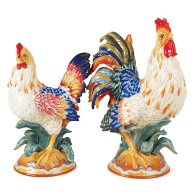 Fitz and Floyd Ricamo Rooster and Hen Figurines, Set of 2