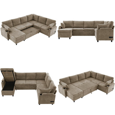 109.9" Sectional Sofa Bed with Storage, U-Shaped Chenille Sofa Sleeper with 2 Cup Holders & Charging Ports, Convertible Living Room Couch with Removable Pillows