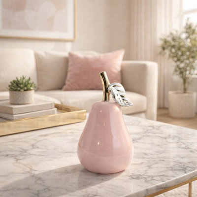 Sculpture décorative en forme de poire en céramique pour décor de salon et de tablettes - Figurine de style minimaliste pour la maison ou le bureau - 7 po, rose et or