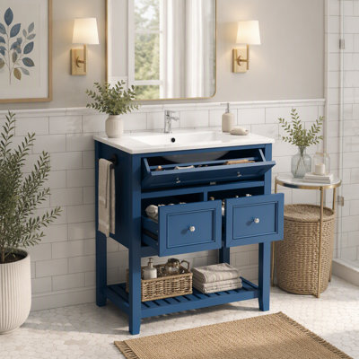 Meuble-lavabo autoportant de 30 pouces avec lavabo en céramique, tiroir coulissant, 2 tiroirs et tablette à lattes ouverte