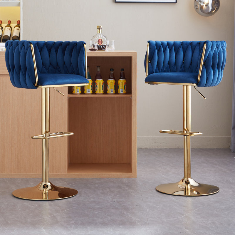 Swivel Adjustable Height Bar Stool Modern Velvet Bar Stool with Metal Frame, Navy